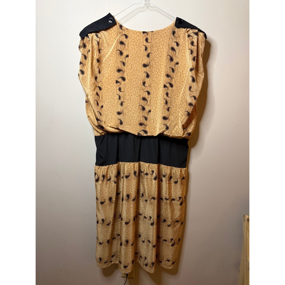 Vintage East West of California Paisley Blouson Midi Dress Tan Black Large
